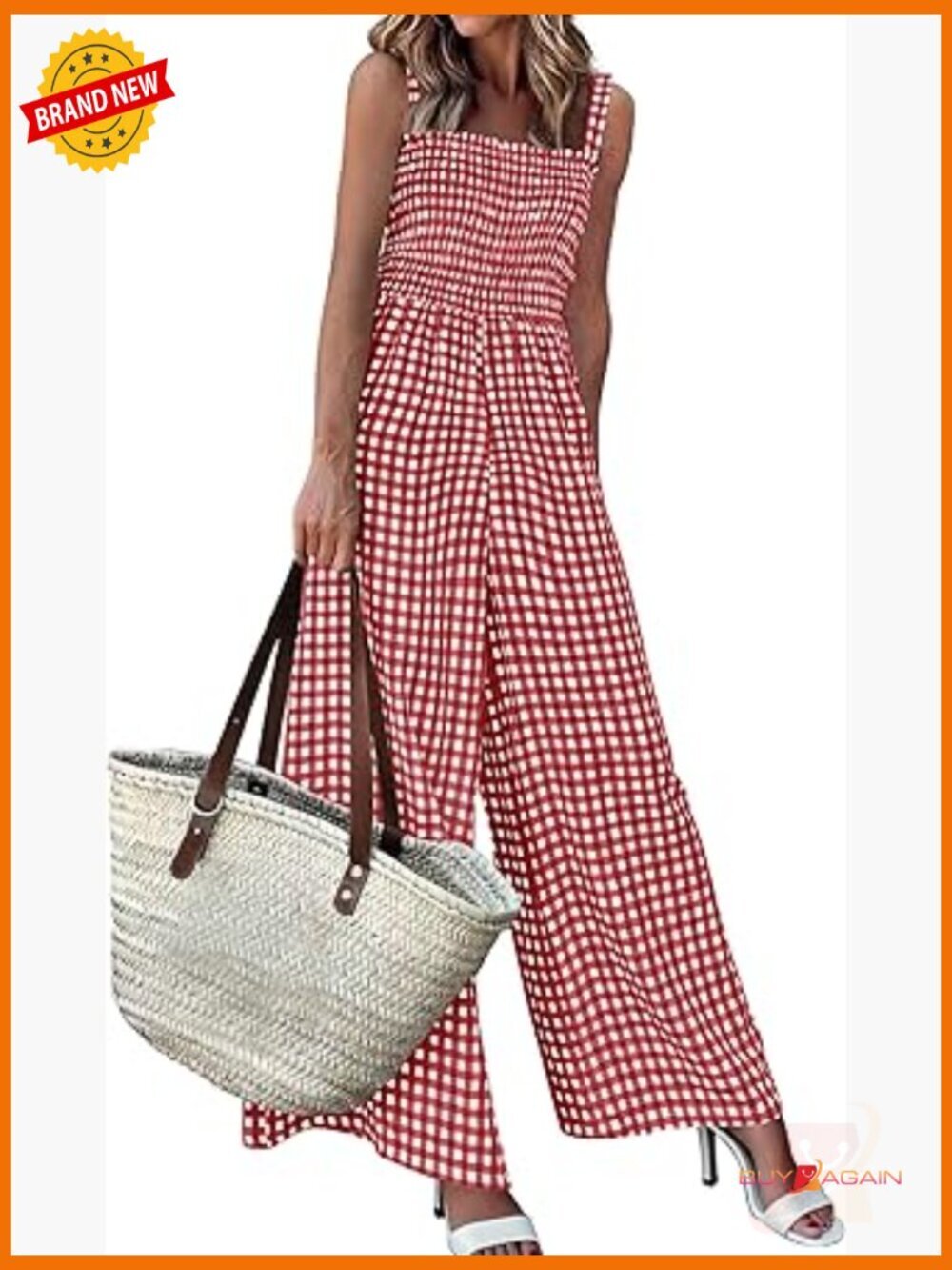 Womens Gingham Jumpsuit Square Neck Smocked Bodice Wide Leg Romper